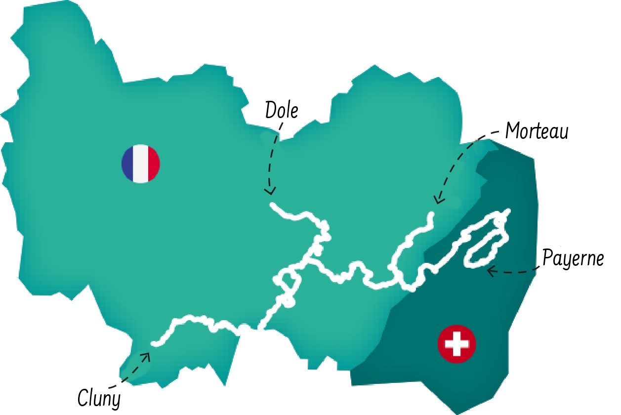 Chemin de Cluny Franche-Comté Bourgogne ViaCluny.fr Suisse Doubs Jura Saône-et-Loire carte tracé