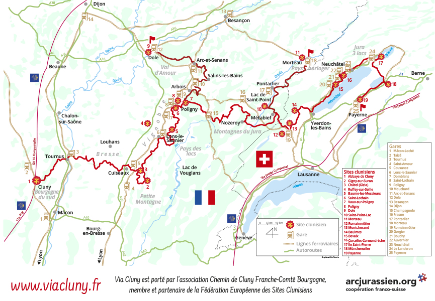 Chemin de Cluny Franche-Comté Bourgogne ViaCluny.fr Suisse Doubs Jura Saône-et-Loire tracé carte